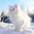 Cute picture of white cat with blue eyes and big tail, A cat as white as snow Royalty Free Stock Photo