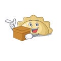 Cute pierogi cartoon character having a box