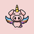 Cute pig animal cartoon character becomes a flying unicorn with colorful wings Royalty Free Stock Photo