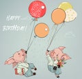 Cute pig boys fly with balloons and flowers