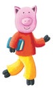 A cute pig carries a book under his arm and goes to school