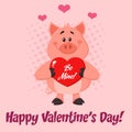 Cute Pig Cartoon Character Holding A Be Mine Valentine Love Heart