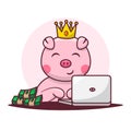 Cute Pig Cartoon With Laptop and Money cash, Technology Animal Business Finance Icon Concept Vector Illustration Royalty Free Stock Photo