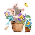 Cute pig. cartoon watercolor animal illustration. Royalty Free Stock Photo