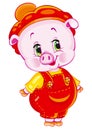 Cute pig character in red beret and red pants, isolated object on a white fna, vector illustration