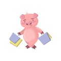 Cute pig character standing with shopping bags, funny cartoon piggy animal shopper vector Illustration
