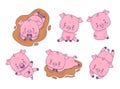 Cute pig collection. Smiling, happy and unhappy crying piggy in dirty puddle of water. Isolated funny cartoon kawaii Royalty Free Stock Photo