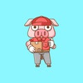 Cute pig courier package delivery animal chibi character mascot icon flat line art style illustration concept cartoon Royalty Free Stock Photo