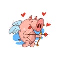 Pig cupid with bow and arrow, red hearts flying in the air. Funny farm animal with small wings. Cartoon vector icon Royalty Free Stock Photo