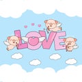 Cute Pig Cupids fly in the clouds with heart and Love text. Royalty Free Stock Photo