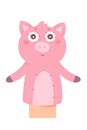 Cute pig doll for puppet show on theater stage, isolated theatre marionette, sock toy