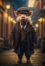 cute pig dressed as Tommy shelby, peaky blinders style, fluffy fur, big shiny eyes, full body. Portrait of a Hipster pig.