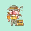 Cute pig fisher fishing animal chibi character mascot icon flat line art style illustration concept cartoon Royalty Free Stock Photo