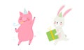 Cute Pig and Hare Wearing Birthday Hat Holding Gift Box and Blowing Whistle Celebrating Holiday Vector Set Royalty Free Stock Photo