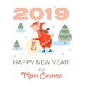 Cute pig. Merry Christmas and Happy New Year. Winter forest. Greeting card Royalty Free Stock Photo