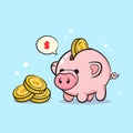 Cute pig, money box, money and stack of coins, saving money, business icon isolated on blue background Royalty Free Stock Photo