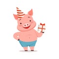 Cute pig in party hat holding gift box, funny cartoon animal vector Illustration Royalty Free Stock Photo