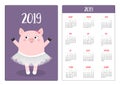 Cute pig piggy ballerina. Ballet dancer in dress. Pocket calendar layout 2019 new year. Week starts Sunday. Cartoon character. Royalty Free Stock Photo