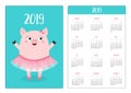 Cute pig piggy ballerina. Ballet dancer. Simple pocket calendar layout 2019 new year. Week starts Sunday. Cartoon character. Royalty Free Stock Photo