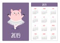 Cute pig piggy ballerina. Ballet dancer in white dress. Pocket calendar layout 2019 new year. Week starts Sunday. Cartoon Royalty Free Stock Photo