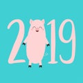 Cute pig. 2019 pink text. Piggy piglet. Happy New Year Chinise symbol. Cartoon funny kawaii baby character. Flat design. White Royalty Free Stock Photo