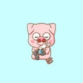 Cute pig relax with a cup of coffee cartoon animal character mascot icon flat style illustration concept Royalty Free Stock Photo