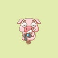 Cute pig relax with a cup of coffee cartoon animal character mascot icon flat style illustration concept Royalty Free Stock Photo