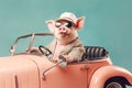 a cute pig in retro clothes driving a car, created with Generative AI technology
