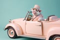 a cute pig in retro clothes driving a car, created with Generative AI technology