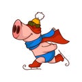 Cute pig superhero riding ice skates. Humanized animal. Winter activity. Funny cartoon character. Vector design