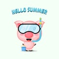 Cute pig wearing diving gear with summer greetings