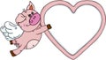 Cute pig with wings flying holding a heart frame Royalty Free Stock Photo