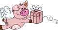 Cute pig with wings flying holding a little gift Royalty Free Stock Photo