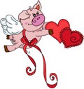 Cute pig with wings and ribbon bow flying holding a red hearts Royalty Free Stock Photo