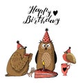 Cute pigeon holding cup of tea, owl in cone hat and a little bird sitting on a pink cup. hand lettering happy birthday.