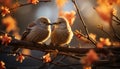 A cute pigeon perching on a branch, enjoying the sunset generated by AI