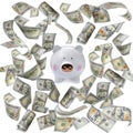 Cute piggy bank and dollar banknotes flying on white background Royalty Free Stock Photo