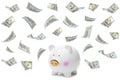 Cute piggy bank with golden snout on white