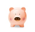 Cute piggy bank with golden snout on white