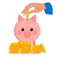 Cute piggy bank, hand and golden pound coins. Finance and business concept. Illustration vector Royalty Free Stock Photo