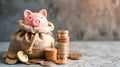 Cute piggy bank on top of a full sack, coins piled beside, concept of savings. Financial planning and security Royalty Free Stock Photo