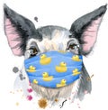 Watercolor portrait of pig in face mask Royalty Free Stock Photo