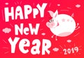 Cute piggy flying, funny, smile, nose, heart, piglet, pink. Asian symbol mascot Year of Pig Vector Design Chinese New Year 2019.