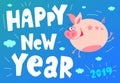 Cute piggy flying, funny, smile, nose, heart, piglet, pink. Asian symbol mascot Year of Pig Vector Design Chinese New Year 2019.