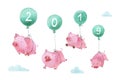 Cute piggy hand painted watercolor illustration. Four pigs flying in balloons across the sky. Symbol of New Year 2019.