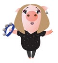 A cute piggy sings and plays on tambourine