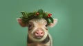 Cute piglet with Christmas wreath on head, AI generated