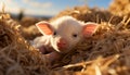 Cute piglet and fluffy puppy play in the sunny meadow generated by AI