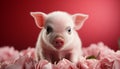 Cute piglet looking at camera, surrounded by pink tulips generated by AI