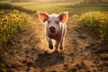 Cute piglet running in sunflowers field at sunset